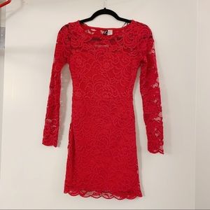 H&M red long sleeve lace mesh dress